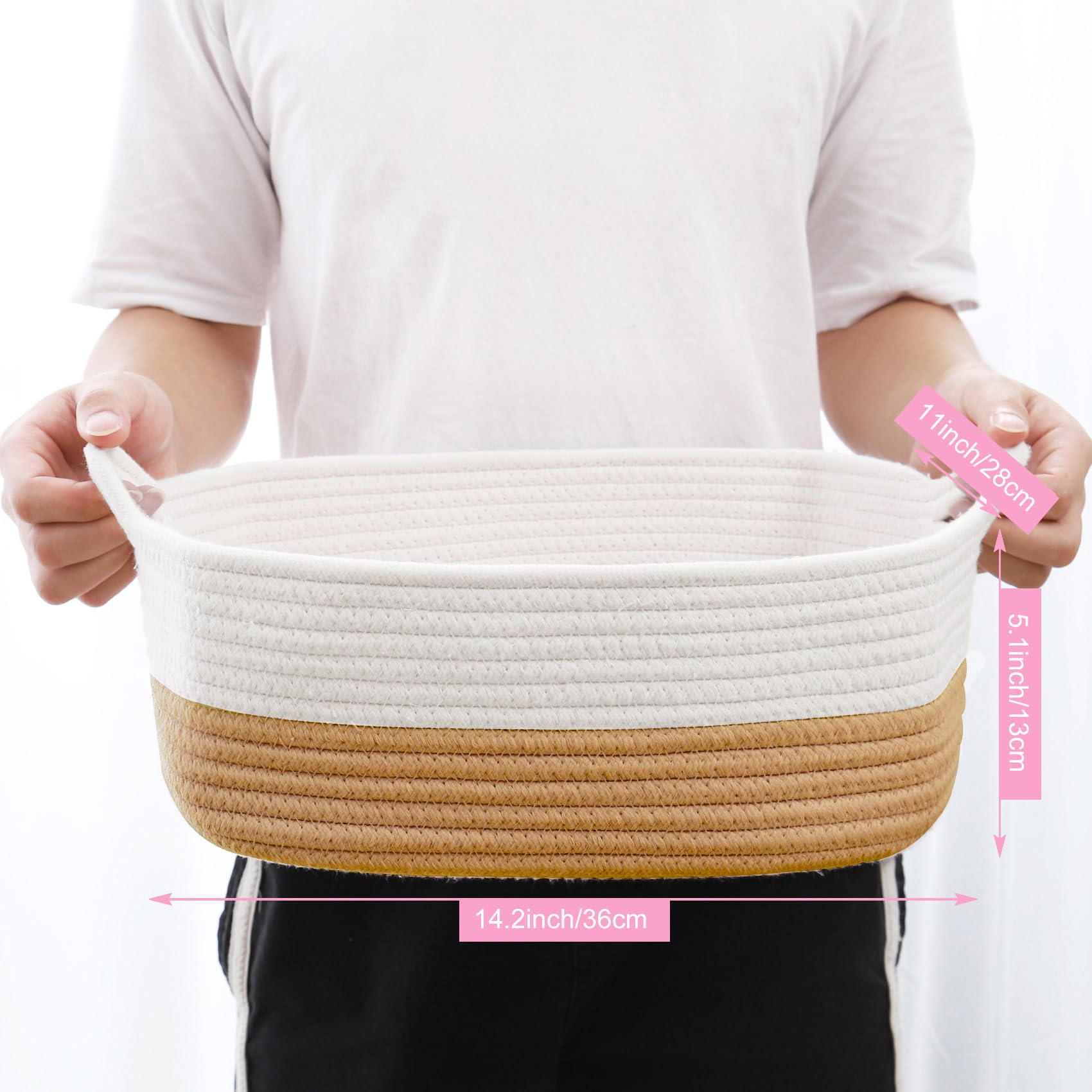 Abenkle Rope Storage Basket, 14.2''X 11''X 5.1'' Cotton Woven Dog Cat Toy Bins, Cube Soft Baskets With Handles, Decorative Shelves Closet Organizing For Nursery Laundry Bedroom Bathroom